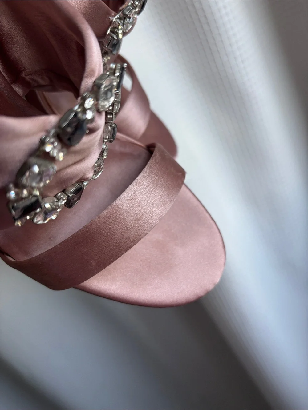Satin Embellished Ankle-Strap Heels in Dusty Rose - Picture 9 of 9